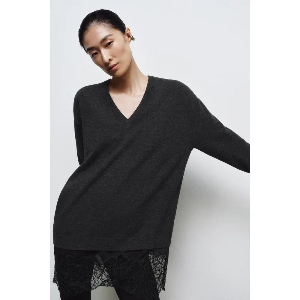 Zara Long Lace Combination Knit Jumper Sweater Size Small Oversized 2756/152